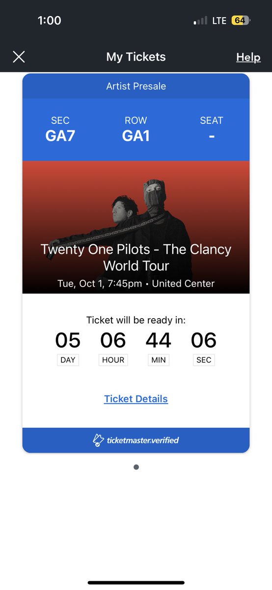sieannarowe's tweet photo. I am selling my Twenty One Pilots Chicago GA ticket for FV!! $185 I can FaceTime, any form of payment, and send any proofs you would like <3 #TwentyOnePilotsChicago #ClancyTour https://t.co/gy3HJbQG6b