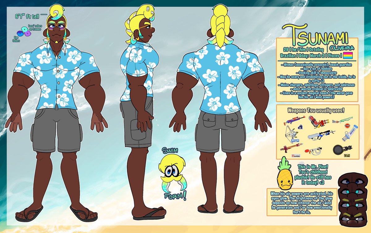 splatsexual's tweet photo. NEW REF SHEET FOR TSU‼️❗️

i really like how it turned out!! i worked very hard on this (i painted the background too <3) so a retweet would be appreciated,,only if u want to tho.,,🏝️💛 https://t.co/NGyOseEJ1Q