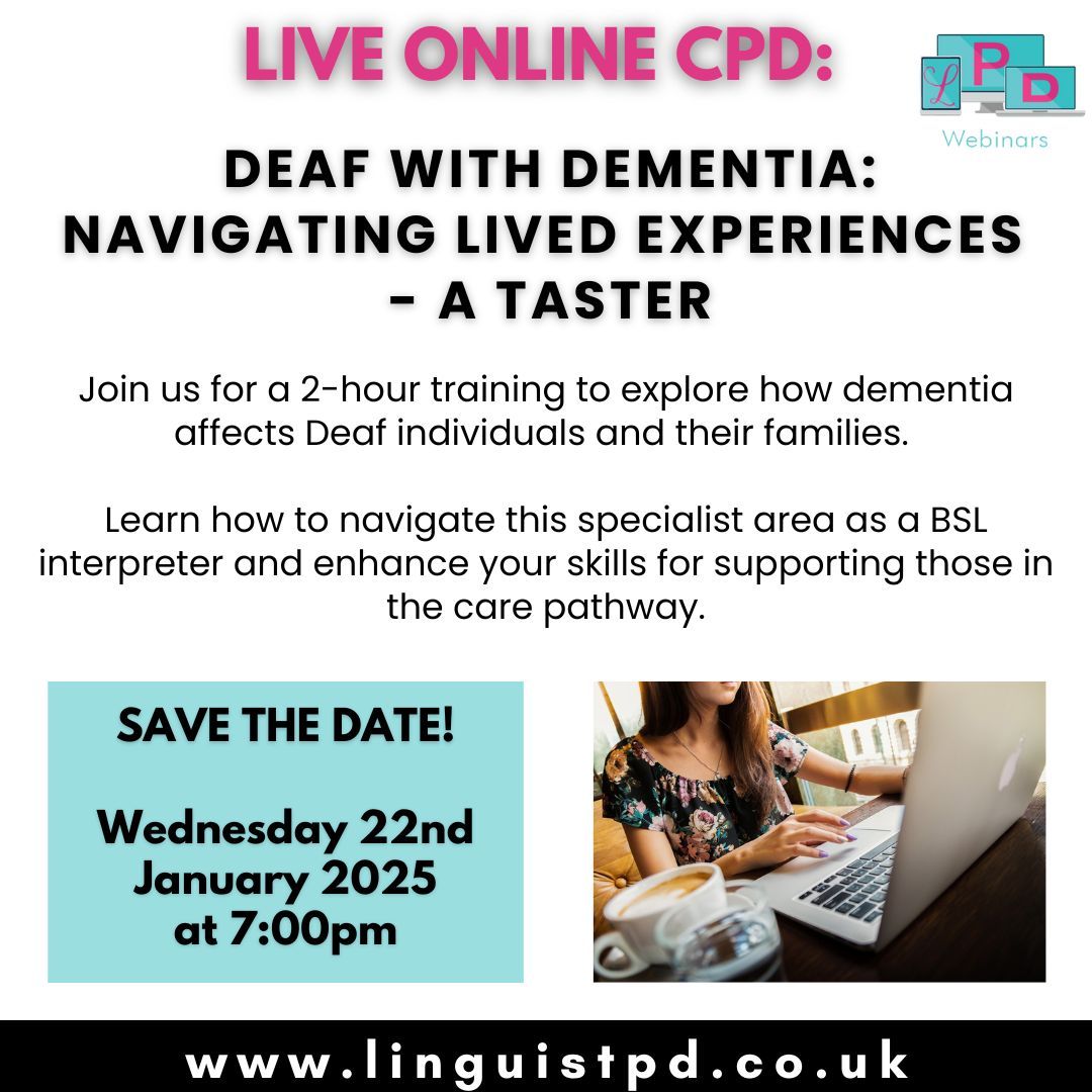 Linguistpd's tweet image. 🗓 Save the Date: Weds 25th Jan 2025 at 7 PM!

Join us for a live training session on dementia and its impact on Deaf individuals and their families! Email us to register  your interest: training@linguistpd.co.uk 📩 

#BSLInterpreters #DementiaAwareness #ProfessionalDevelopment