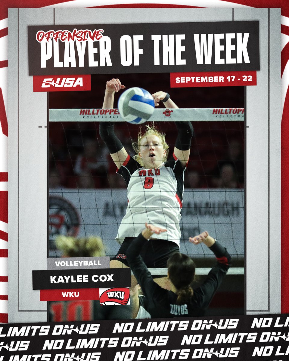 Conference USA (@conferenceusa) on Twitter photo ๐ OFFENSIVE PLAYER OF THE WEEK ๐
๐
1โฃ Kaylee Cox, <a href="/WKUVolleyball/">WKU Volleyball</a>
#NoHayLimites | bit.ly/3XSphQK ๐ OFFENSIVE PLAYER OF THE WEEK ๐
๐
1โฃ Kaylee Cox, <a href="/WKUVolleyball/">WKU Volleyball</a>
#NoHayLimites | bit.ly/3XSphQK