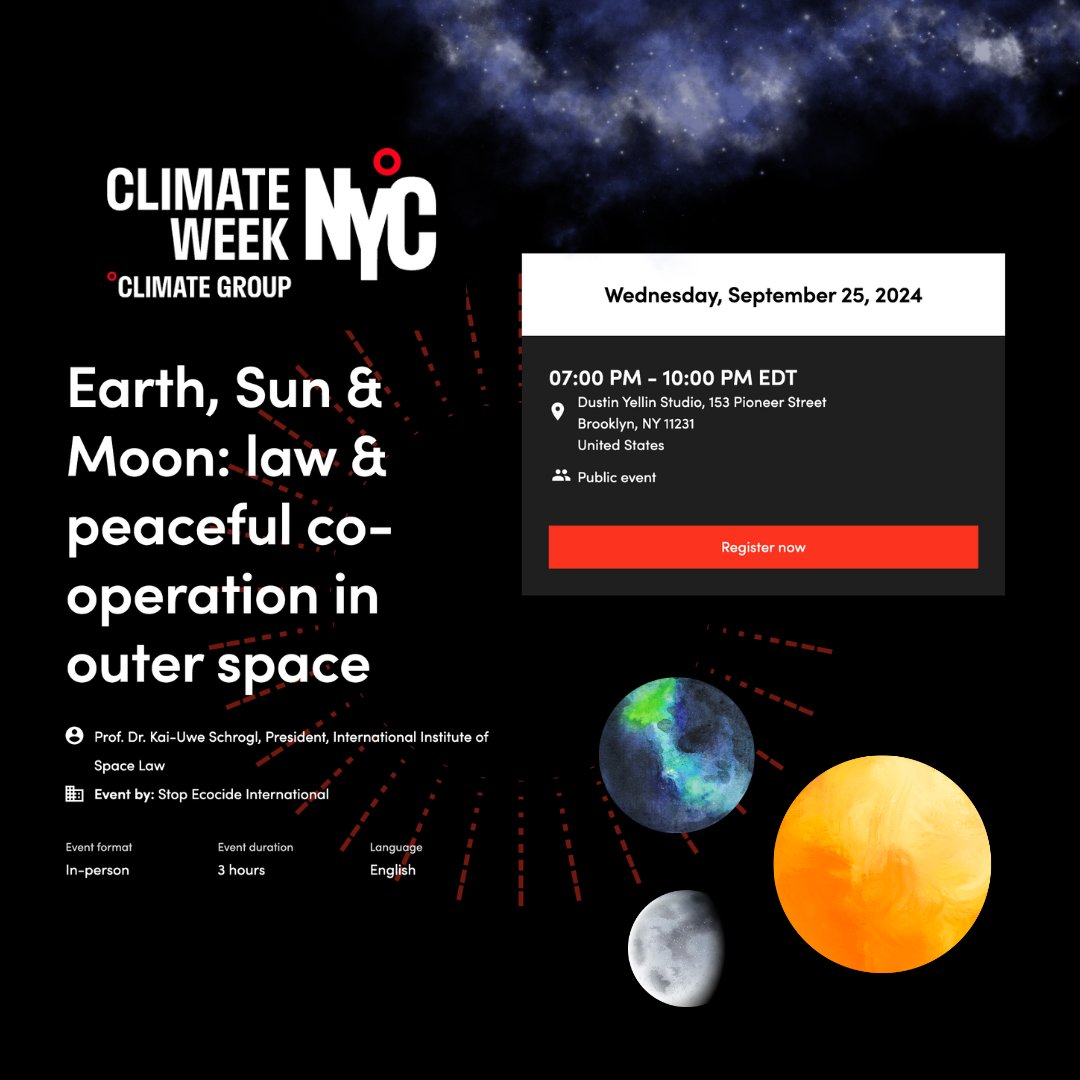 🌎☀️🌕 Get ready for a stellar event this WEDNESDAY at #ClimateWeekNYC!

EARTH, SUN and MOON: Peaceful Cooperation in Outer Space will ask the big questions:

Who owns the moon?! 
Should there be limits to space exploitation?!

Register: climateweeknyc.org/events/earth-s…

#StopEcocide