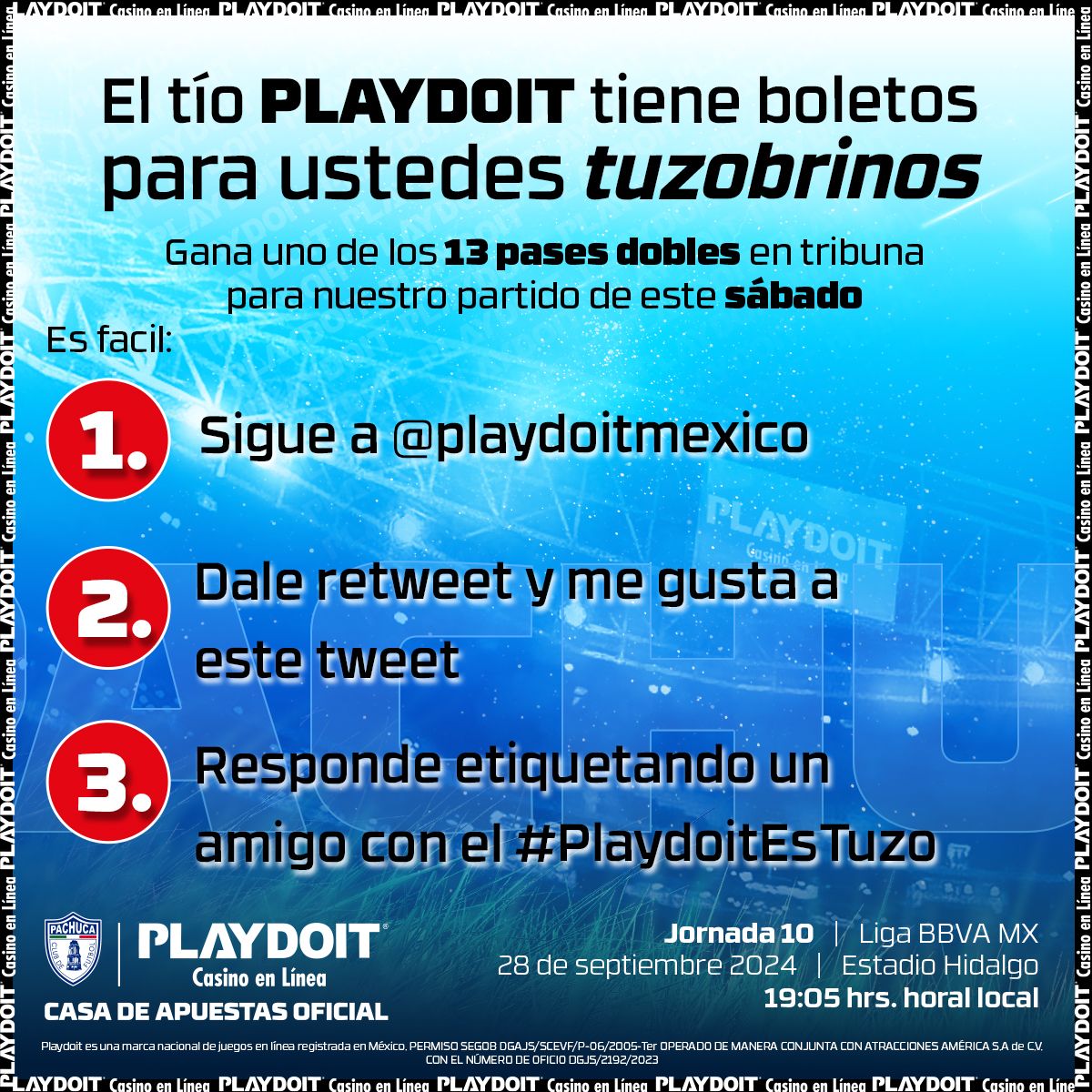 ✨ | ¡La suerte está con los Tuzos!

Gana 1 de los 13 pases dobles en tribuna que el tío <a href="/playdoitmexico/">Playdoit México</a> trae para ti y acompáñanos en nuestro partido de este sábado. 🏟️ 

Checa bien los pasos.

Tienes hasta el jueves a las 12:00 hrs para participar.

#PlaydoitEsTuzo