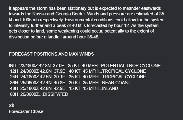MedicaneTrack's tweet photo. Potential Tropical Cyclone #One Advisory #2: New tropical cyclone likely to near #Georgia. Max winds are at 35 knots (40 mph). TS watches in effect, development to a TC anticipated in the 12 hours. Click below on MCT discussion for more info.
#Medicane https://t.co/LpBigbBQtQ