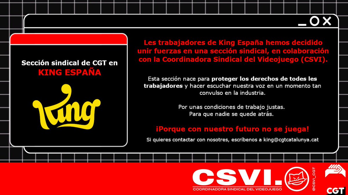 CSVI_CGT's tweet photo. ¡No paramos!
Hoy anunciamos que se sindicalizan les trabajadores de King España. Por unas condiciones de trabajo justas, para que nadie se quede atrás. 🔥 https://t.co/fIjlt1H3en