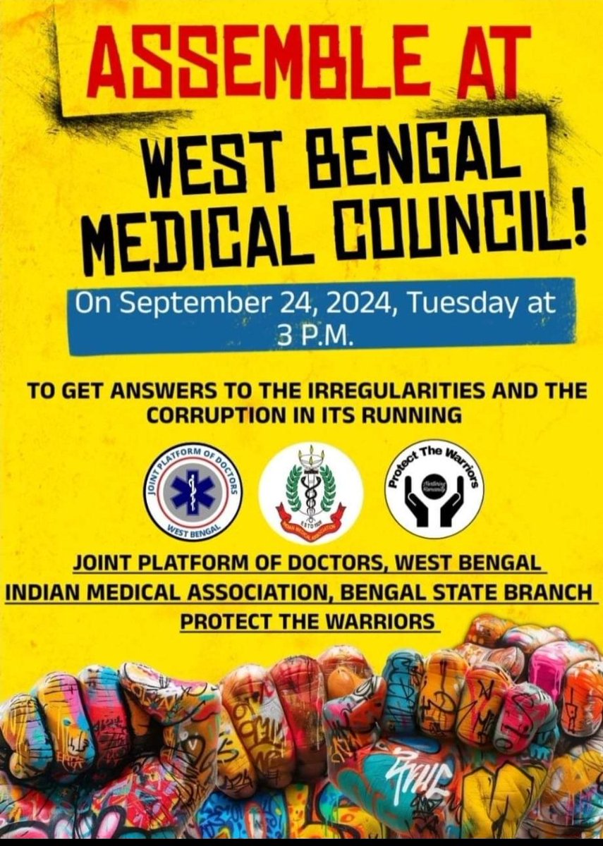 Wbdf_official's tweet photo. To seek answers for corruption and irregularities in the management and administration of the West Bengal Medical council, let us protest by gathering at Medical Council on Tuesday, September 24, 2024 at 3 PM.

কাউন্সিল পরিচালনায় দুর্নীতি ও অনিয়মিততার জবাব পেতে 
২৪ সেপ্টেম্বর, ২০২৪ মঙ্গলবার বিকাল ৩টায় ওয়েস্ট বেঙ্গল মেডিকেল কাউন্সিল চলো।
#TeamWBDF 
#TeamJPD

@ANI @PTI_News @abpanandatv @aajtak @MyAnandaBazar @Zee24Ghanta @BanglaRepublic @republic @News18Bengali @Tv9_Bangla @eisomoy24 @aajkaalnews @TheStatesmanLtd @TheTelegraph__ @ndtv @TimesNow @timesofindia @HindustanTimes @IndianExpress @the_hindu @CNNnews18 @MirrorNow @FAIMA_INDIA_ @FordaIndia @AIIMSRDA @RDA_UP @RDAMP_OFFICIAL @Association_DNB @GujaratJda @IMAIndiaOrg