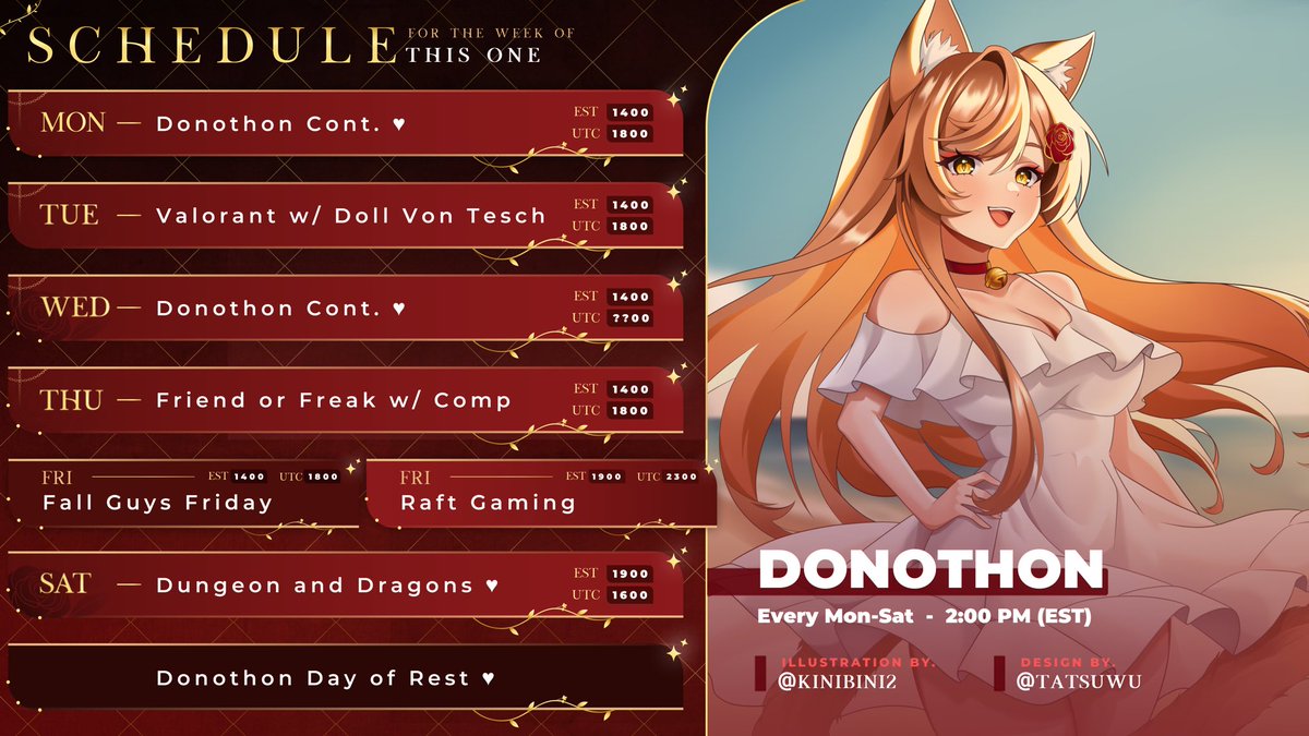 MiaMiette_'s tweet photo. 【🌹Weekly Schedule🌹】
•♡~ Cheshire Ref Sheet Reveal !!
•♡~ Meeting new people, doing new things !!
•♡~ 10k Follower Push on Twitch !!
https://t.co/Nd5B3LsRnZ
#Vtuber | #Vtubers | #KyoPics https://t.co/SfbG1CZf6P