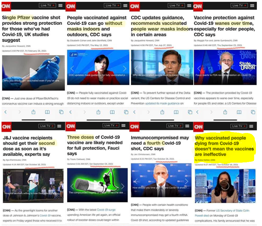 Eddies_X's tweet photo. Reminder: The unvaccinated were right!
CNN's coverage of the vax started with how effective it is and ending with:

"Why vaccinated people dying from Covid-19 doesn't mean the vaccines are ineffective" https://t.co/Yt22pg1wtG