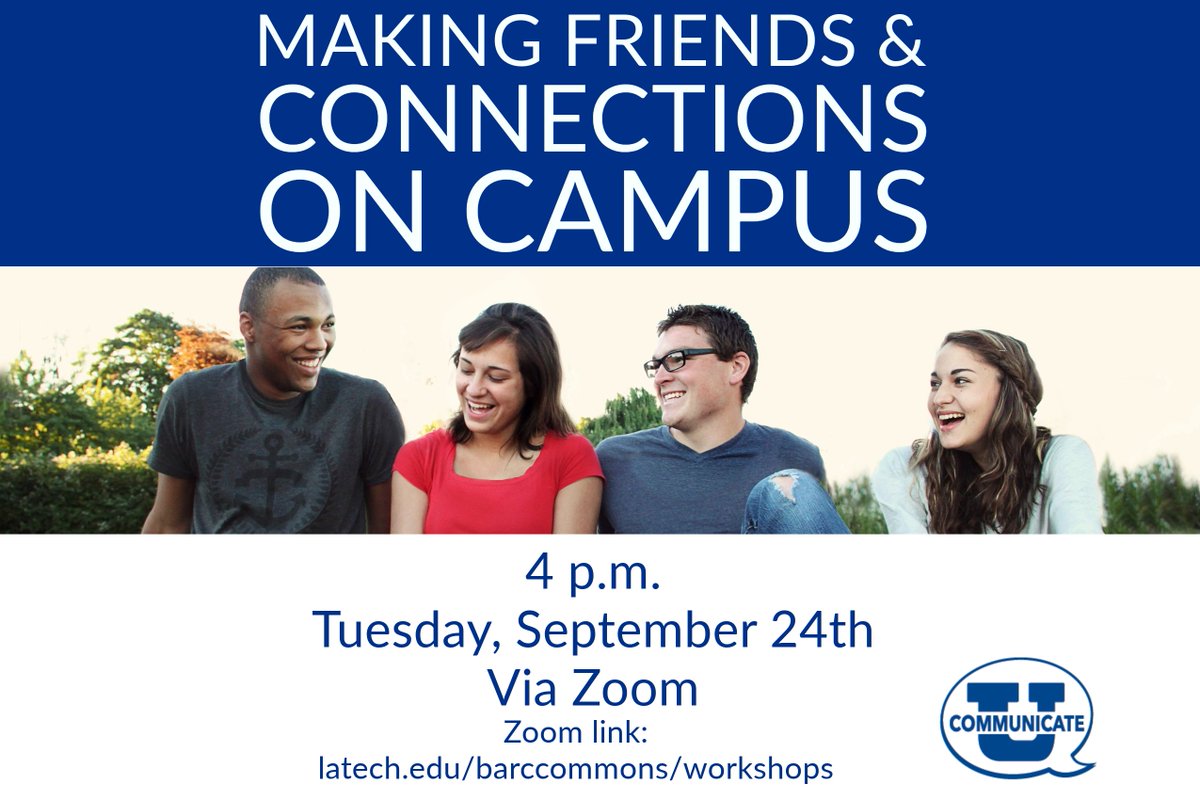 BarcCommons's tweet image. Join us tomorrow at 4 via  Zoom for our discussion with some experienced students on how to get to meet new people &amp;amp; make connections on campus!  Link: latech.edu/barccommons/wo…
