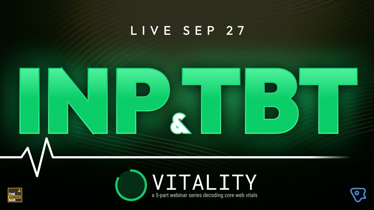 brianleejackson's tweet image. Friendly reminder: the fifth and final video in the Vitality series is this Friday (September 27)! 🗓️

We&apos;ll be taking a deep dive into Interaction to Next Paint (INP) and Total Blocking Time (TBT). ⚡⏱︎ 

theadminbar.com/events/vitalit…

#webperf #corewebvitals