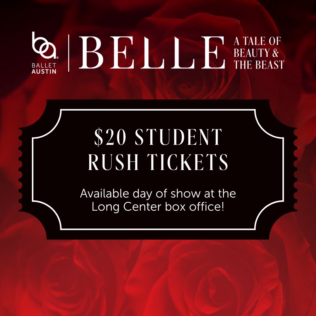 STUDENTS! ➡️ College students can purchase up to two (2) tix, for $20 each w/ a valid college ID. Rush tickets will be available <a href="/longcenter/">Long Center</a> Box Office 90 minutes prior to curtain &amp; are based on availability.

Learn more ➡️ balletaustin.org/performances/b…

Sept 27-29 <a href="/longcenter/">Long Center</a>