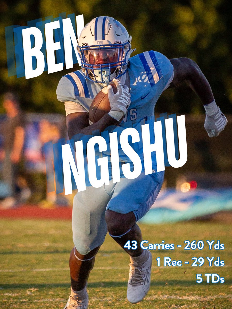 TVS Trojans (@tvsathletics) on Twitter photo Senior <a href="/NgishuB/">Ben Ngishu</a> goes down in the TVS Football annals with a monster performance in the Battle of Bryant Irvin game; leading the Trojans to victory over the Falcons 42-28!
Ben tallied 43 carriers for 260 yds. 1 catch on 4th down for 29 yards. And 5 rushing Touchdowns! Senior <a href="/NgishuB/">Ben Ngishu</a> goes down in the TVS Football annals with a monster performance in the Battle of Bryant Irvin game; leading the Trojans to victory over the Falcons 42-28!
Ben tallied 43 carriers for 260 yds. 1 catch on 4th down for 29 yards. And 5 rushing Touchdowns!