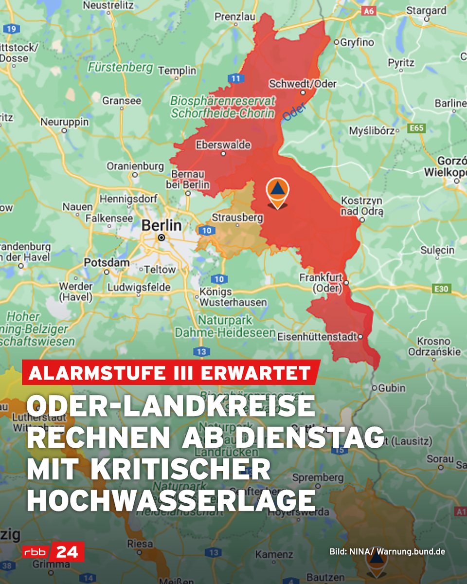 In den Landkreisen Oder-Spree und Märkisch-Oderland gilt seit Montag die Hochwasser-Alarmstufe 3. Am Dienstag wird ein weiterer Anstieg des Oder-Pegels erwartet. Aktuelle Infos in unserem Liveblog: rbburl.de/livetickerhoch…