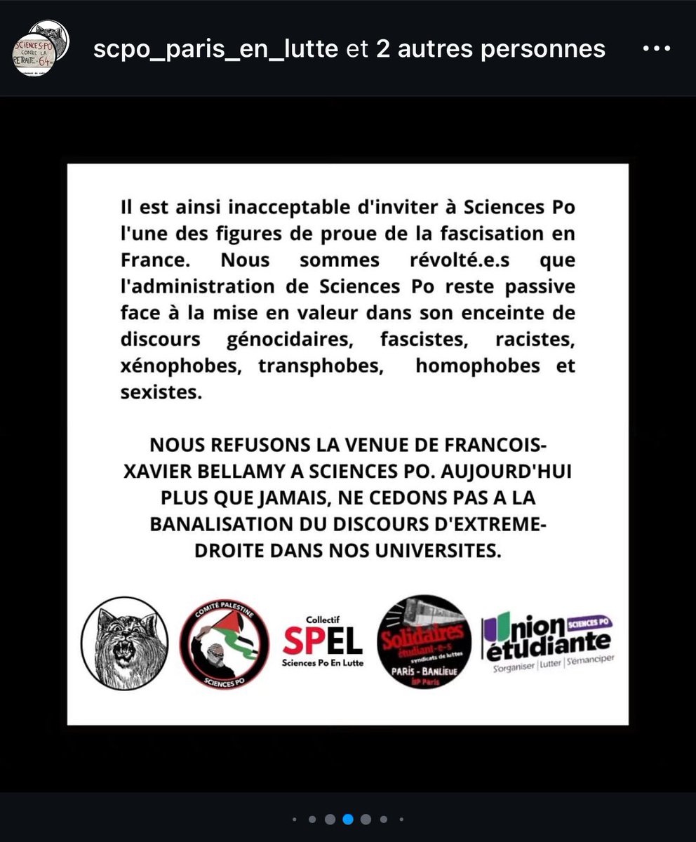 lesReps_ScPo's tweet photo. ❌ Nous savions la liberté d’expression menacée à Sciences Po, en voici à nouveau la preuve ! 

Dans un glissement délirant, menaçant jusqu’à la droite républicaine, l’extrême-gauche vomit sa haine du pluralisme. 

Nous nous dresserons toujours sur leur chemin ! @fxbellamy https://t.co/4XY2lO5B0n