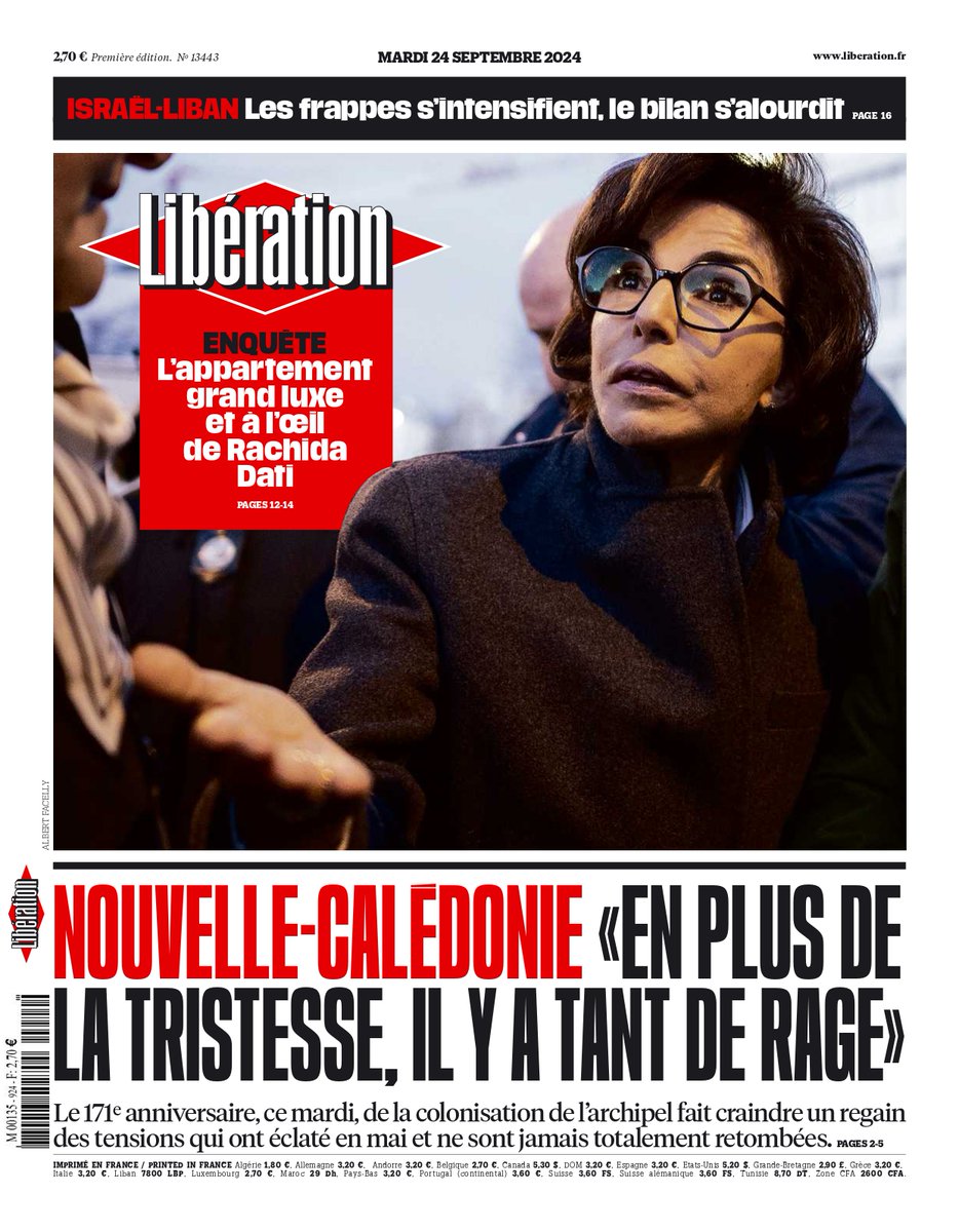 ▪️ Enquête : l'appartement grand luxe et à l'œil de Rachida Dati

▪️ Nouvelle-Calédonie : «En plus de la tristesse, il y a tant de rage»

C'est la une de @Libe ce mardi

Lire : journal.liberation.fr