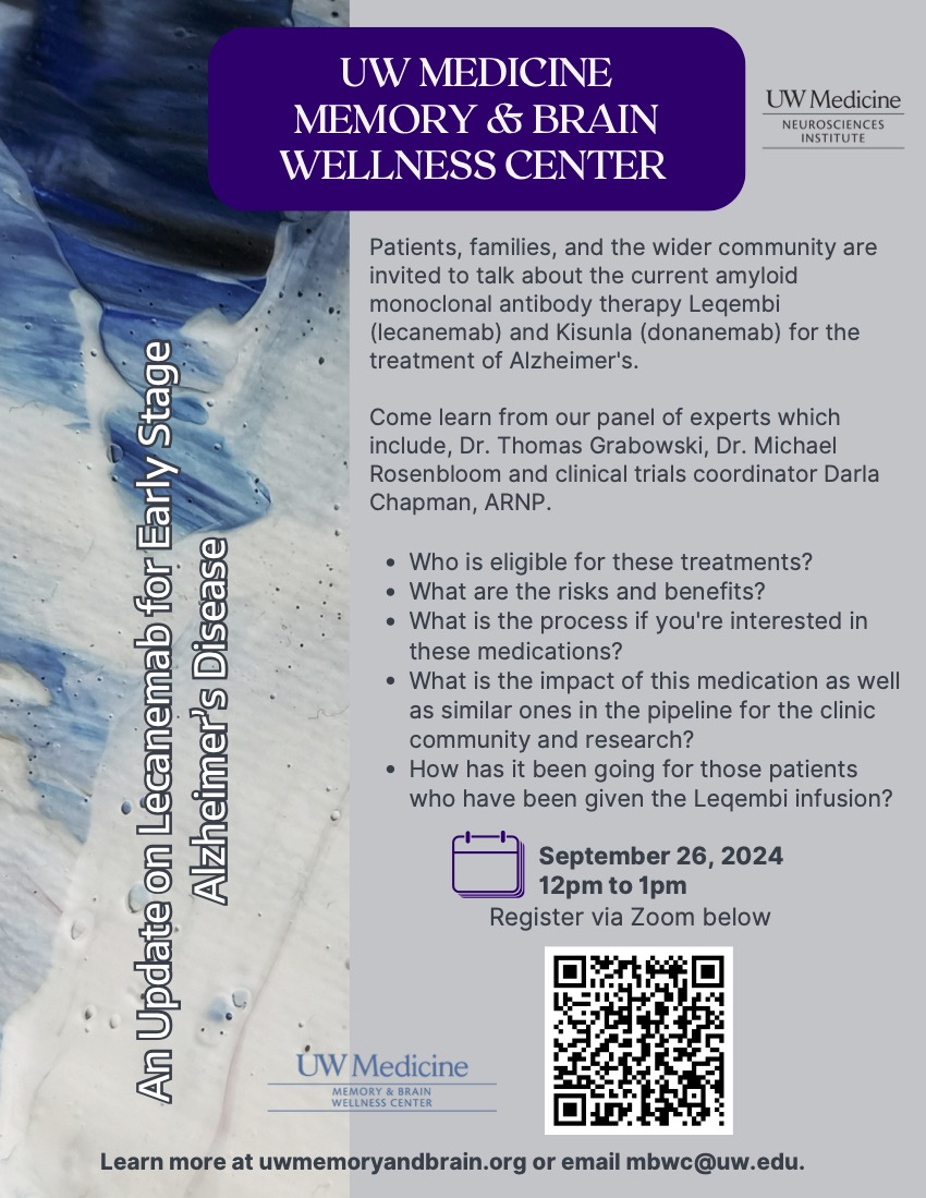 UW Memory Brain (@memorybrain_uw) on Twitter photo Upcoming community webinar on Sept. 26: An Update on Lecanemab for Early Stage Alzheimerās Disease <a href="/UWMedicine/">UW Medicine</a> <a href="/UWMedNSI/">UW Med Neurosciences</a>. Learn more: depts.washington.edu/mbwc/calendar/⦠Upcoming community webinar on Sept. 26: An Update on Lecanemab for Early Stage Alzheimerās Disease <a href="/UWMedicine/">UW Medicine</a> <a href="/UWMedNSI/">UW Med Neurosciences</a>. Learn more: depts.washington.edu/mbwc/calendar/ā¦