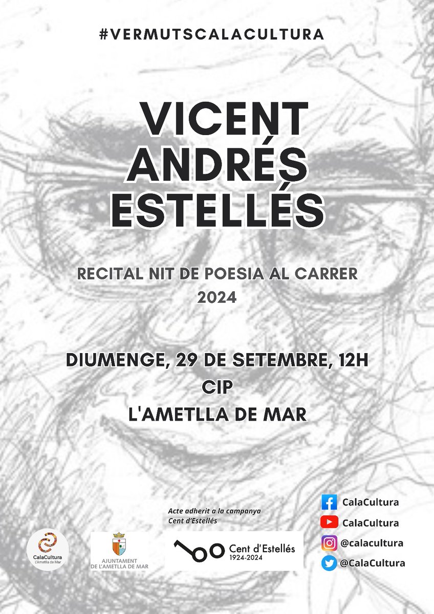 #VermutsCalaCultura

👉 Diumenge 29 de setembre

2a mise en scène del recital de la #NitdePoesiaalcarrer, que vam dedicar a #VicentAndrésEstellés.

<a href="/ebredigital/">ebre</a>
<a href="/marfanta/">marfanta.com</a>
<a href="/apropebre/">A Prop</a>
<a href="/lacalartv/">La Cala RTV</a>
<a href="/ametllademartur/">L'Ametlla de Mar Tur</a>
<a href="/Surtdecasa/">Surtdecasa</a>
<a href="/CulturaStte/">CulturaTerresEbre</a>
<a href="/EscriptorsAELC/">AELC</a>
<a href="/lletres/">Lletres catalanes</a>
<a href="/AccioCulturalPV/">Acció Cultural del País Valencià</a>
.
