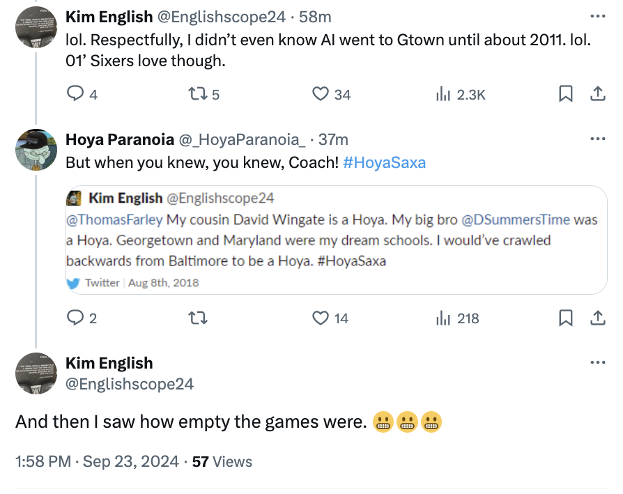 TheFieldOf68's tweet photo. Nothing to see here, just Kim English casually eviscerating the entire existence of the Georgetown basketball program on a Monday afternoon in September 😮😮 https://t.co/TZfiyJh23y
