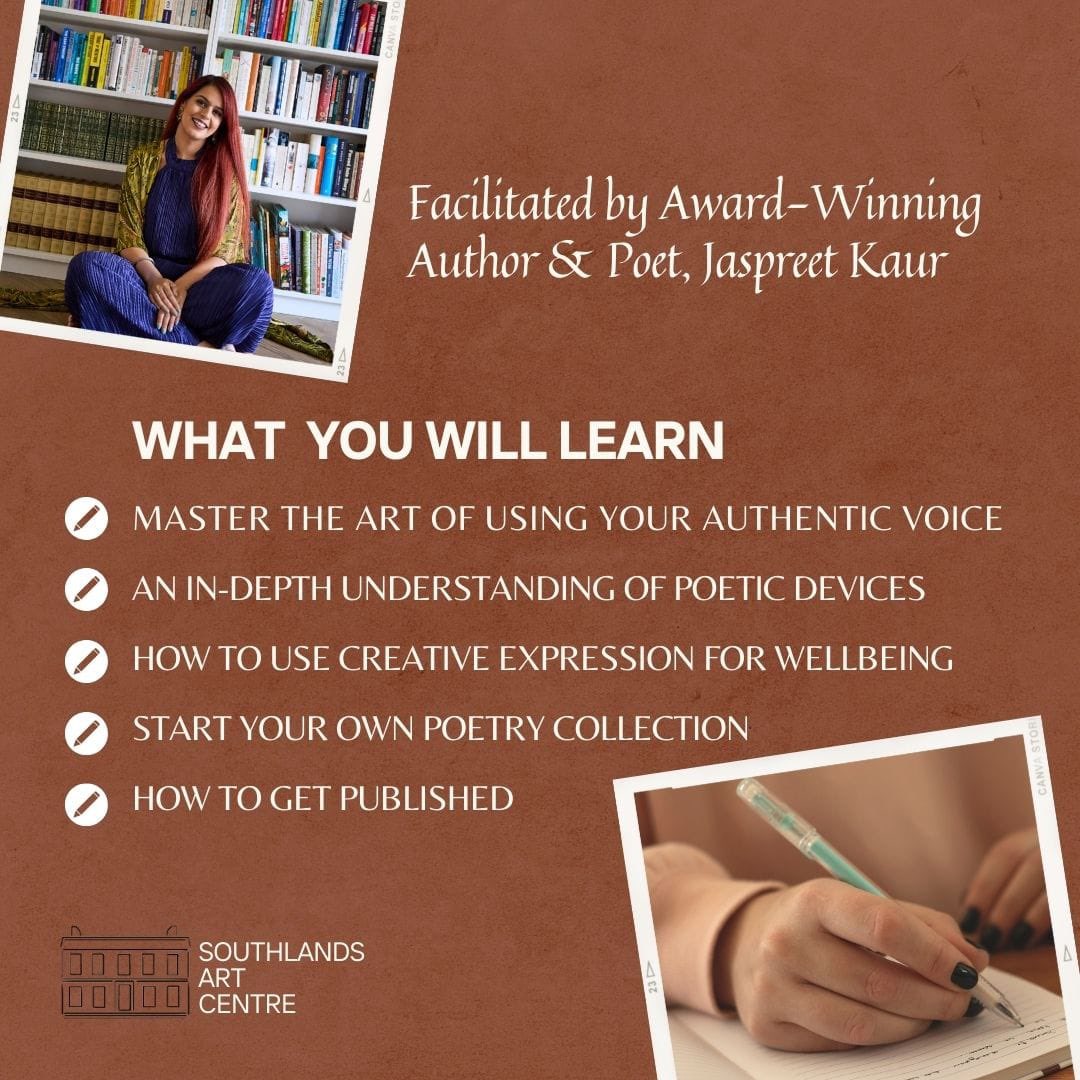 🍂✨ This autumn, join <a href="/behindthenetra/">Jaspreet Kaur</a> for in-person poetry workshops in West London! 

📝 Harness the healing power of words and creative mindfulness

📍 Location: Southlands Art Centre
📆 Dates: Monday Evenings 07/10 – 11/11
🎟️ Limited spaces

eventbrite.co.uk/e/poetry-works…
