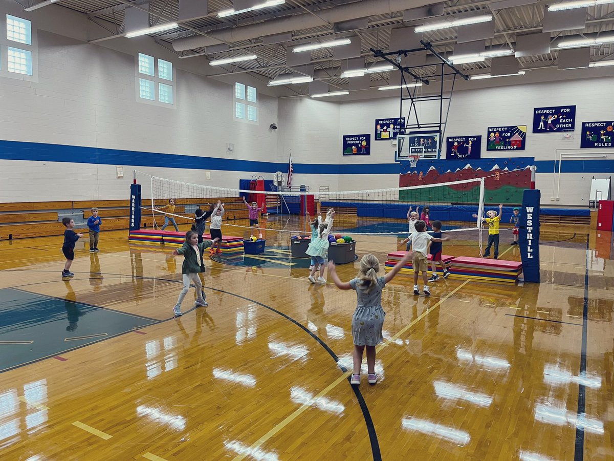 Now I couldn’t stick around past the warm-up, but with three buckets of balls, a volleyball net, mats helping to separate the two sides &amp; a lot of Kindergarten energy…it’s about to get really interesting in PE today! <a href="/WesthillPhysEd/">Westhill PE</a> <a href="/WesthillCSD/">Westhill Schools</a>