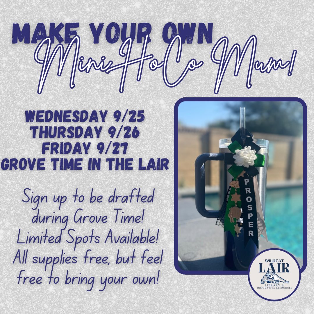 WGHS_LAIR's tweet photo. There’s still spots available to make your own mini mum for your Stanley or Crocs! See the LAIR to sign up! 🤩💙🏈 @WalnutGroveHS @PISD_Libraries https://t.co/5qHbDwcGbH