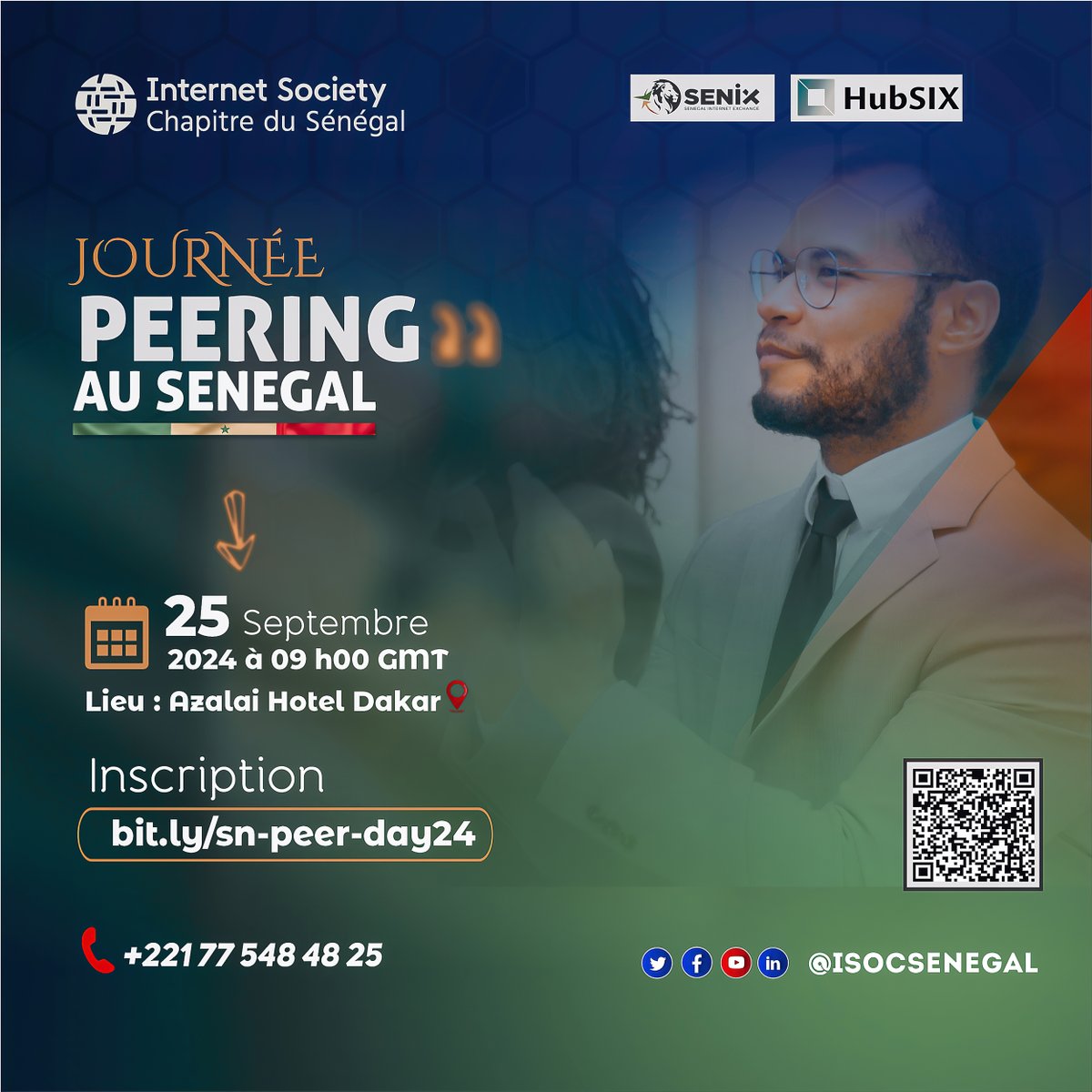 Journée du Peering au Sénégal .

⏰ : Mercredi 25 Septembre 2024 09h00 
📍Lieu : Azalai Hotel Dakar 
☎️ +221 77 548 48 25
🔗Lien zoom : bit.ly/sn-peer-day24