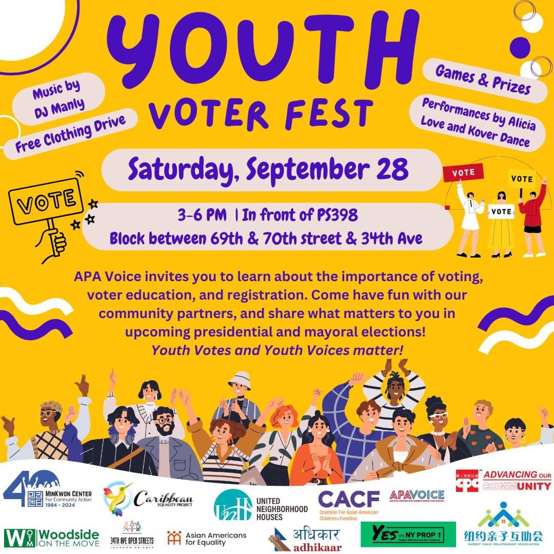 SUMMER IS OVER, BUT ELECTION SEASON IS JUST HEATING UP!

Come join Adhikaar and APA VOICE this SATURDAY from 3PM-6PM, between 69th and 70th St and 34th Ave. in front of PS398 for…

⭐️ Star performers
🎟️ Raffle prizes
🎧 Our amazing DJ
👖Clothing Drive
🪴Community Organizations