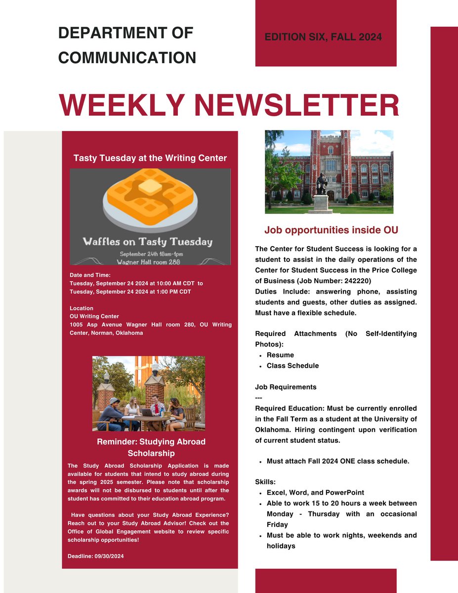 Good afternoon! The Comm Department's Weekly Newsletter is here to inform you about activities, events, and more for this week.

We hope everyone is having a great semester so far!
