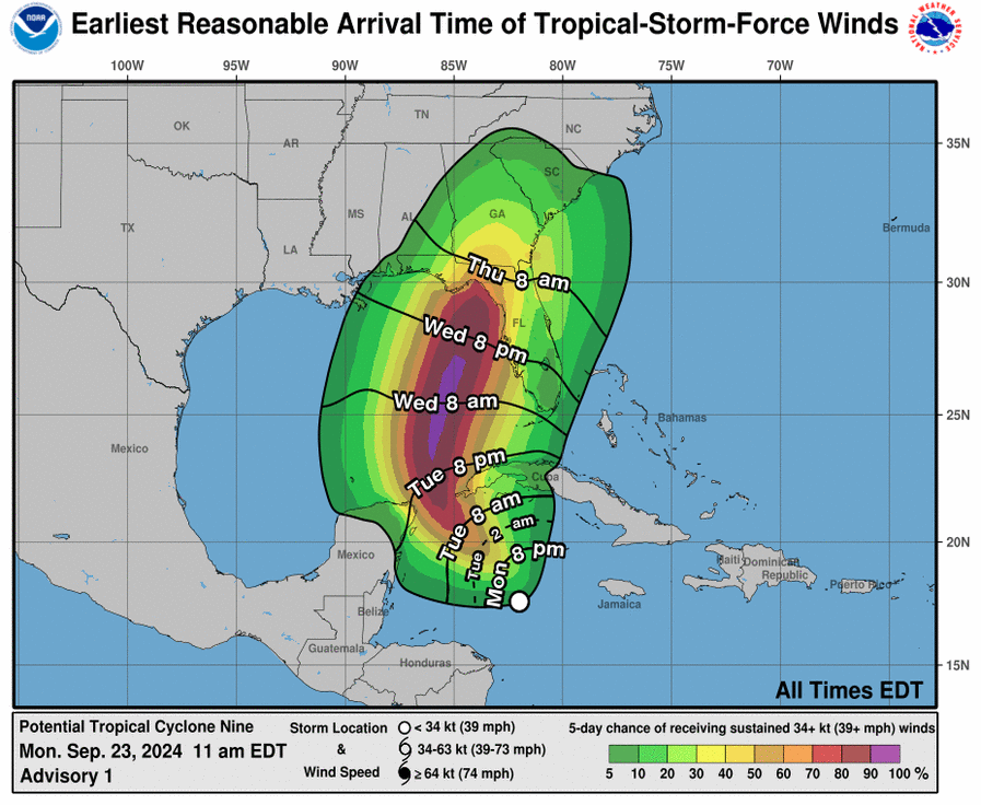 tropicalupdate's tweet photo. Map showing when you could start seeing Tropical Storm force winds. Feeder bands develop hours ahead of actual center. https://t.co/Hk3pbO84Yf https://t.co/QJA6UNg1hq