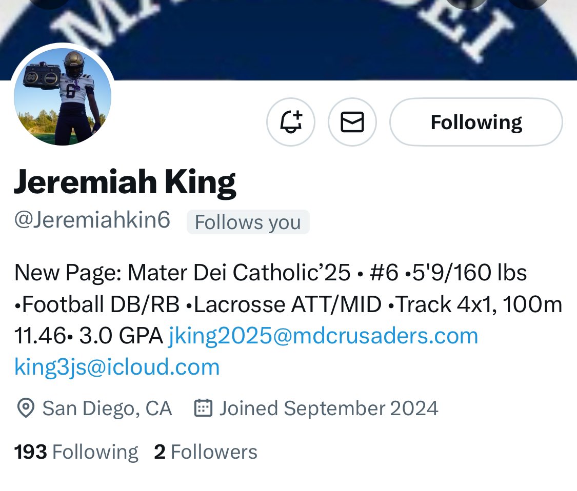 Tina Maria King, Ed.D. (@drkingtina) on Twitter photo My favorite job is being a mom. My son <a href="/Jeremiahkin6/">Jeremiah King</a> is new to X and he is a senior (C/O 25) playing football, lacrosse and running track <a href="/mdcrusadersfb/">Mater Dei Catholic Football</a> !
#Follow my guy <a href="/Jeremiahkin6/">Jeremiah King</a> 💙💛
<a href="/mdcrusadersfb/">Mater Dei Catholic Football</a> <a href="/KUSIPPR/">Prep Pigskin Report</a>
fox5sandiego.com/sports/high-sc… My favorite job is being a mom. My son <a href="/Jeremiahkin6/">Jeremiah King</a> is new to X and he is a senior (C/O 25) playing football, lacrosse and running track <a href="/mdcrusadersfb/">Mater Dei Catholic Football</a> !
#Follow my guy <a href="/Jeremiahkin6/">Jeremiah King</a> 💙💛
<a href="/mdcrusadersfb/">Mater Dei Catholic Football</a> <a href="/KUSIPPR/">Prep Pigskin Report</a>
fox5sandiego.com/sports/high-sc…