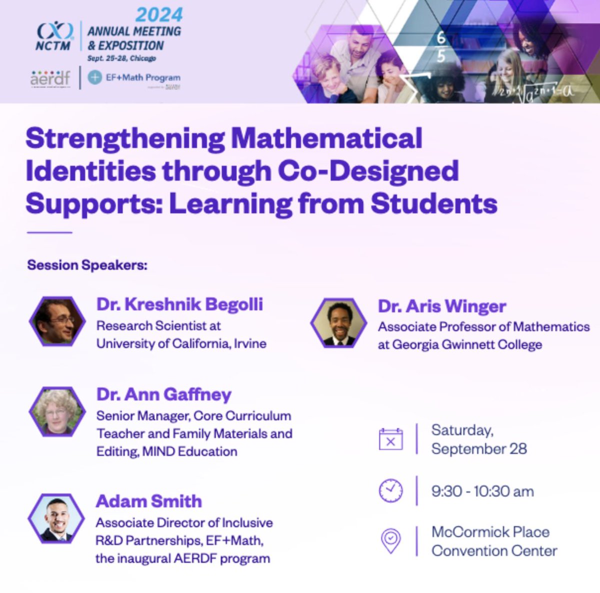 Interested in learning how to strengthen students’ mathematical identities while teaching? Join us for a discussion at #NCTMCHI24 on how to “co-design” learning opportunities w/students to bring out their brilliance &amp; harness their executive function skills in math learning.