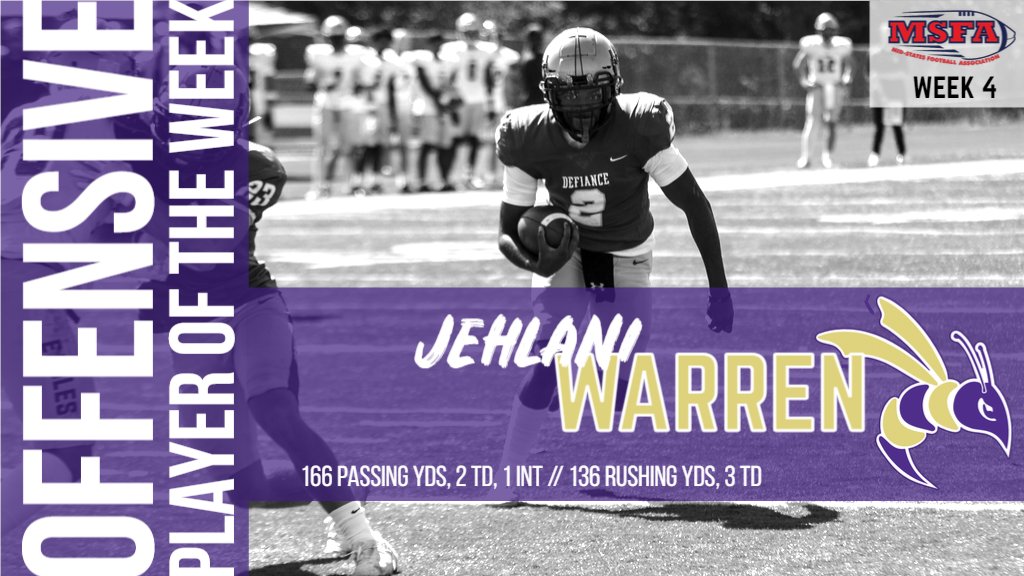 🏈 Warren named MSFA Mideast Offensive Player of the Week!

More📰: defianceathletics.com/sports/fball/2…