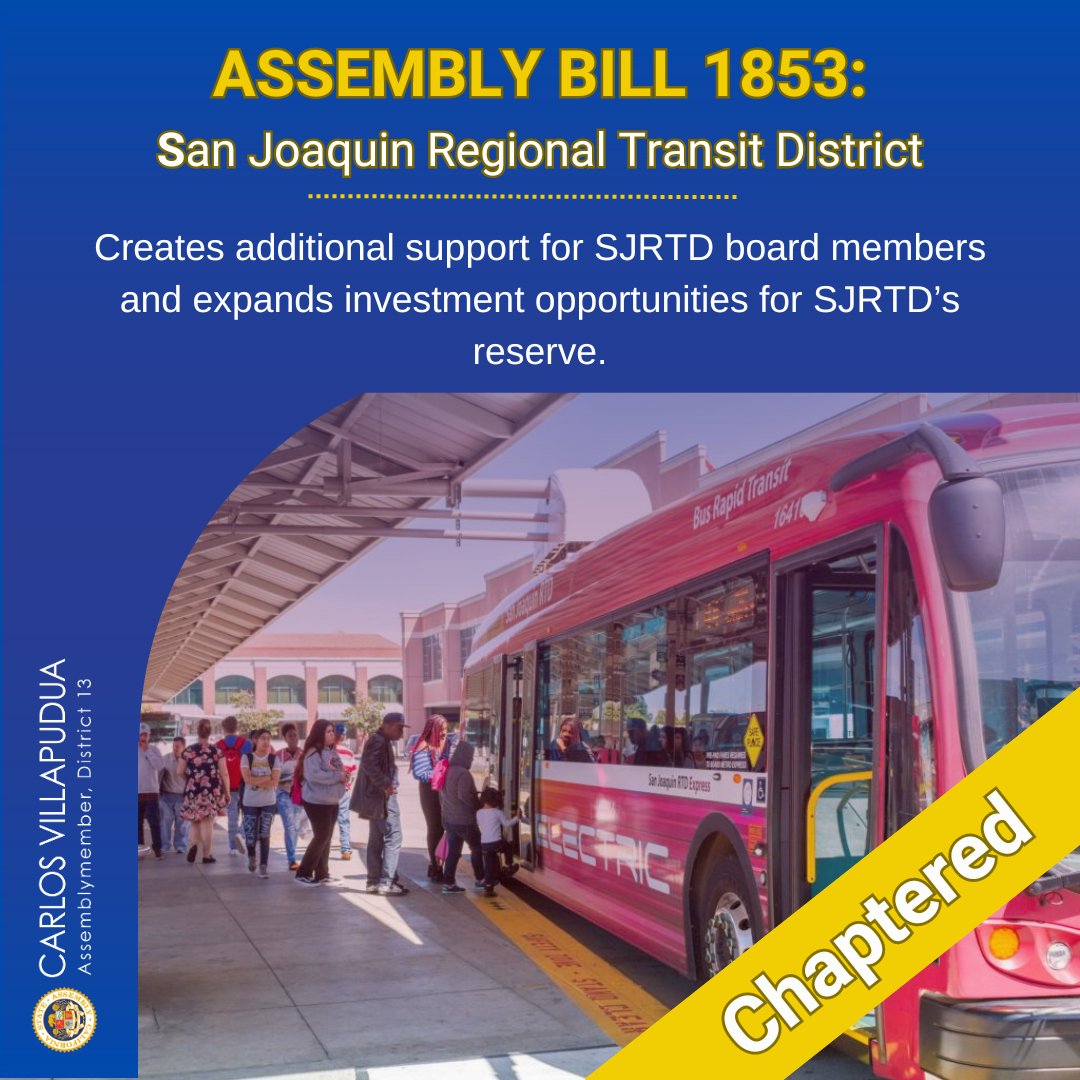 I’m excited to share that our bill AB 1853 has been signed into law! This means great things for our local transit system:

This is a huge step forward for our community, making sure our transit system stays strong and efficient. Thanks to everyone who supported this bill!