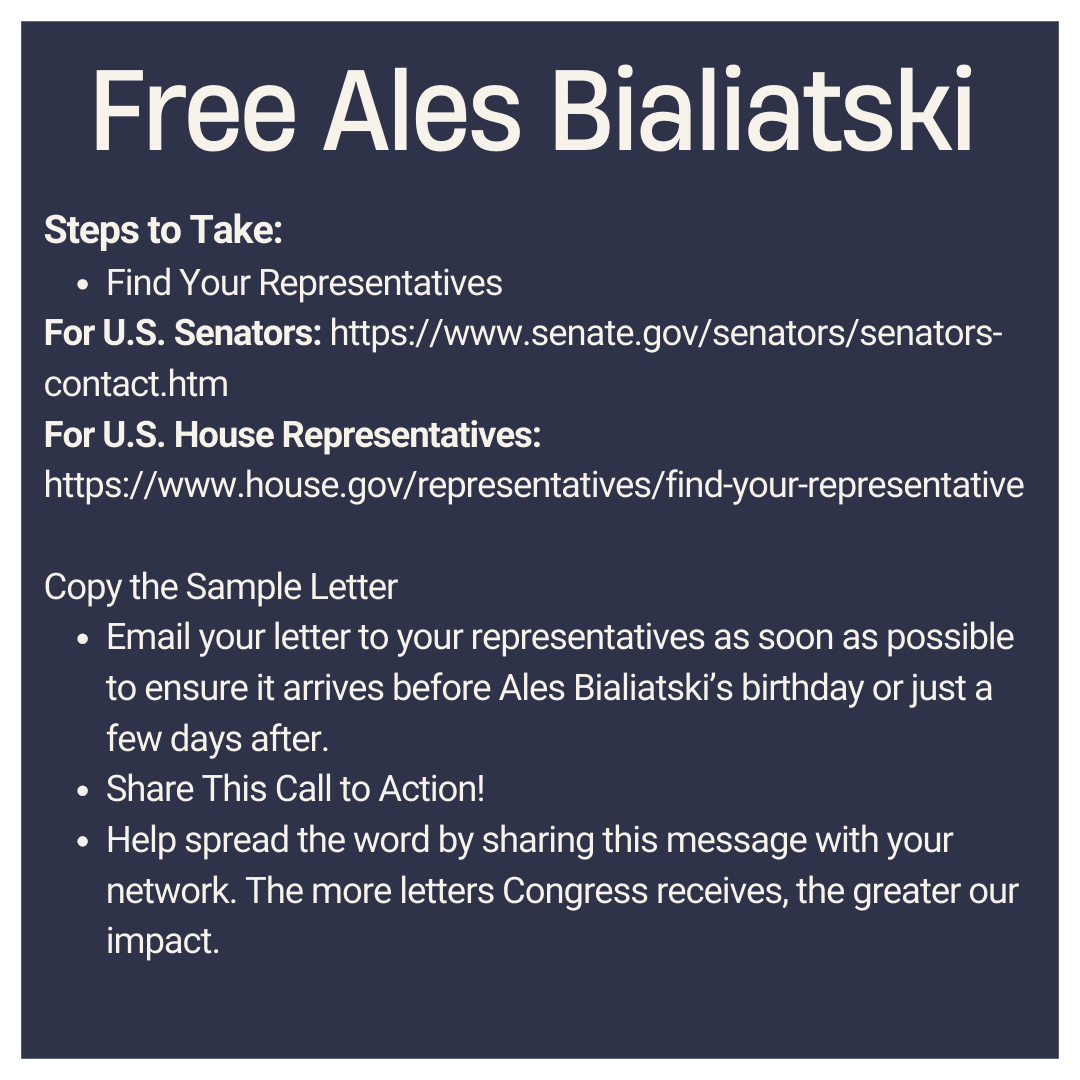 BelarusSf's tweet photo. Urgent support is needed! Please urge your Senators &amp; Representatives to help free Ales Bialiatski, 2022 Nobel Peace Prize laureate &amp; over 1,400 political prisoners in #Belarus. Ales turns 62 behind bars on Sep 25 #FreeAles
Text "SIGN PCUAUS" to 50409
@viasna96
@ABAtogether https://t.co/BCoEf9SKhw