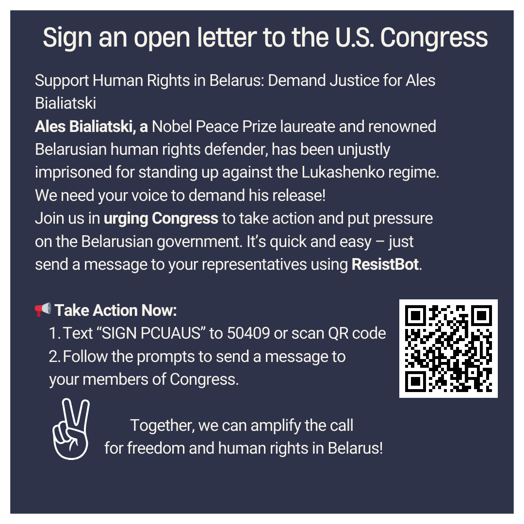 BelarusSf's tweet photo. Urgent support is needed! Please urge your Senators &amp; Representatives to help free Ales Bialiatski, 2022 Nobel Peace Prize laureate &amp; over 1,400 political prisoners in #Belarus. Ales turns 62 behind bars on Sep 25 #FreeAles
Text "SIGN PCUAUS" to 50409
@viasna96
@ABAtogether https://t.co/BCoEf9SKhw