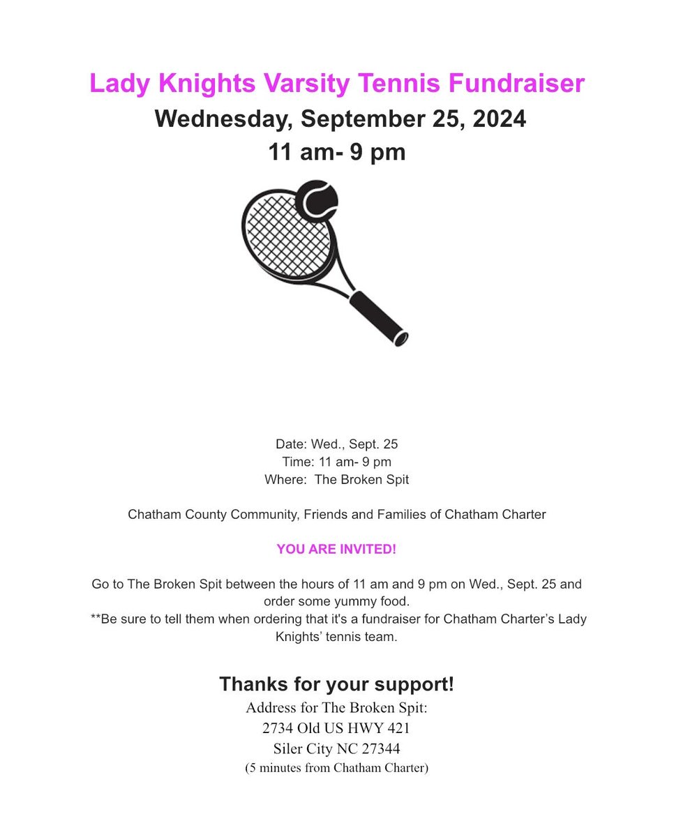Support our Lady Knights Varsity Tennis team this Wednesday, September 25th by ordering lunch or dinner at the Broken Spit! Remember to tell them that you are there to participate in the fundraiser when you order!