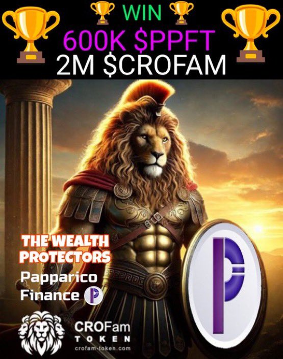 TrayMetaX's tweet photo. 🏆 PAPPARICO FINANCE 🏆
         🏆 & CROFAM 🏆
 🏆 COLLAB GIVEAWAY 🏆

PRIZE : 600K $PPFT 💰 
               2 MILL $CROFAM 💰 

1️⃣ RT & Tag 3 Friends
2️⃣ Follow @PappFinance & @HQCroFam

⏰ Ends 72 Hrs  

The Wealth Protectors 
Papparico Finance & CROFAM 

#CroFam #Giveaway #cronoschain #cryptocom