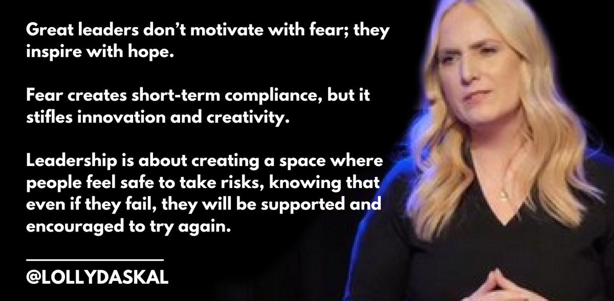 Great leaders don’t motivate with fear; they inspire with hope. 

Fear creates short-term compliance, but it stifles innovation and creativity. 

Leadership is about creating a space where people feel safe to take risks, knowing that even if they fail, they will be supported and