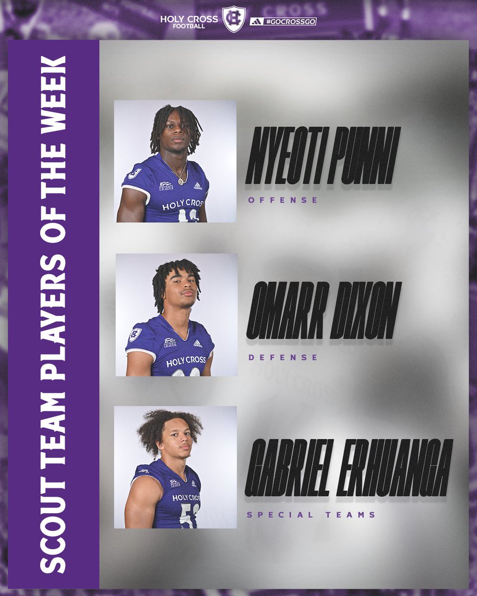 Holy Cross Football (@hcrossfb) on Twitter photo Our Week 4 Scout Team Players of the Week π
<a href="/Nyeotii/">Nyeoti Punni Jr. π±π·</a>
<a href="/OmarrDixonOD/">Omarr Dixon</a>
<a href="/GabrielErhuang4/">Gabriel Erhuanga</a>
#GoCrossGo Our Week 4 Scout Team Players of the Week π
<a href="/Nyeotii/">Nyeoti Punni Jr. π±π·</a>
<a href="/OmarrDixonOD/">Omarr Dixon</a>
<a href="/GabrielErhuang4/">Gabriel Erhuanga</a>
#GoCrossGo