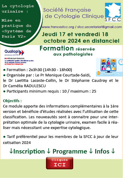 Formation SFCC Cytologie Urinaire Paris System 2 17 et 18 octobre 2024 en distanciel - inscription ci-dessous 👇