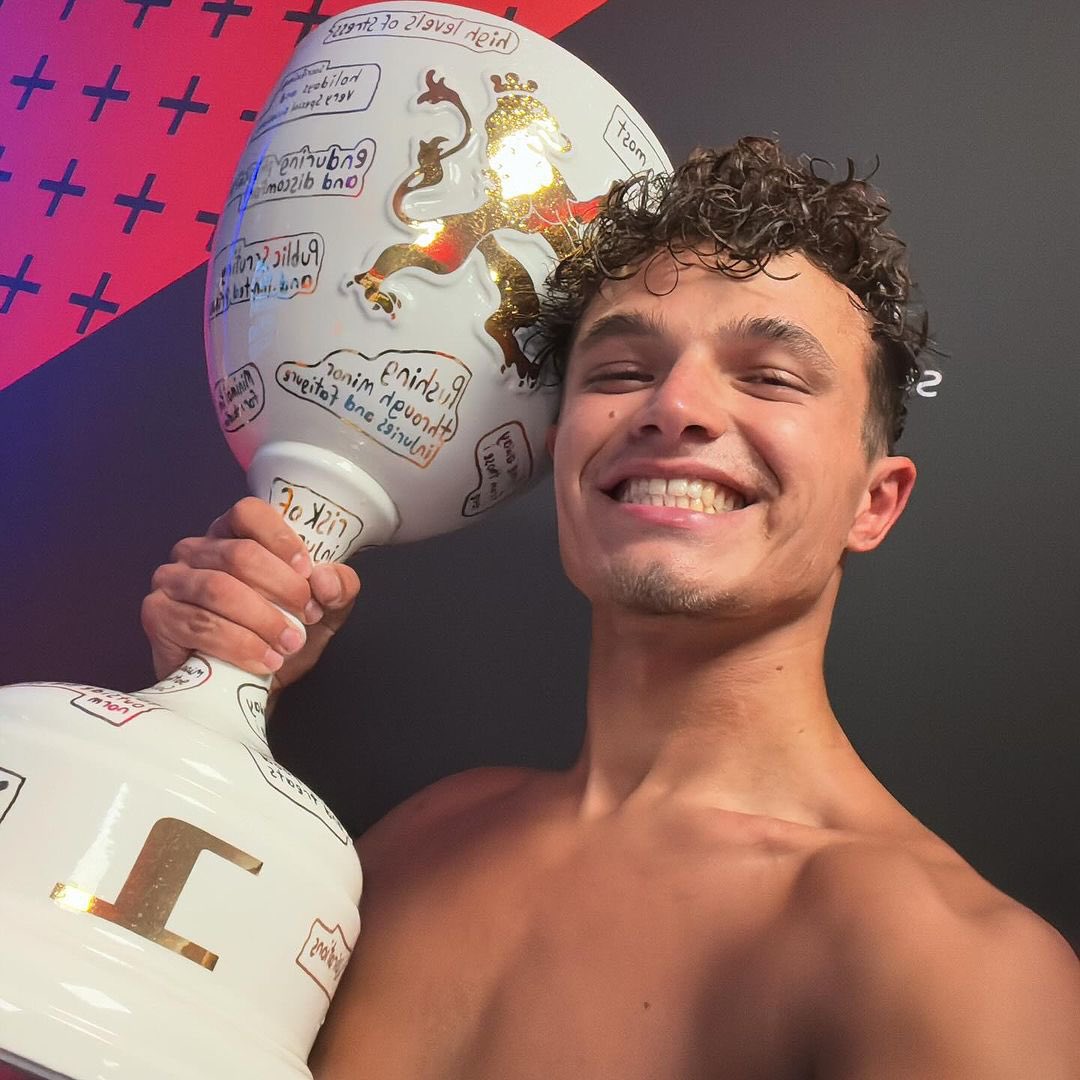lovinorris's tweet photo. i guess being shirtless after a win becomes tradition now https://t.co/uOg0MB4m65