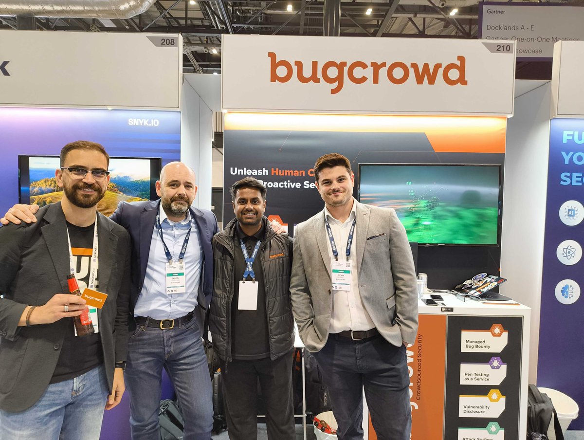 Bugcrowd's tweet image. Fantastic day 1 at @Gartner_inc Security &amp;amp; Risk Management Summit! 🤩 

Had some great convos at the #Bugcrowd booth–thanks for stopping by! 🛑🚖 

Congrats to our raffle winner! 🎉👏 

Missed us? We&apos;re back tomorrow, same spot. Swing by &amp;amp; say hi! 

#IngenuityUnleashed…