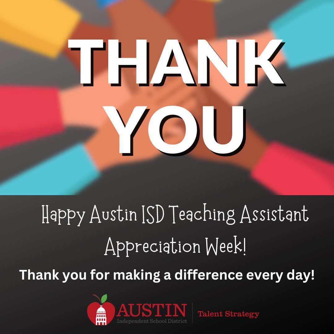 Austin ISD Office of Talent Strategy (@weareaisd) on Twitter photo Happy Teaching Assistant Appreciation Week to all the incredible TAs in <a href="/AustinISD/">Austin ISD</a>! 🎉
Your hard work, dedication, and support make a world of difference in our students' lives every day.
Thank you for all that you do! 🍎🙌 #ThankATeachingAssistant #AISDjoy Happy Teaching Assistant Appreciation Week to all the incredible TAs in <a href="/AustinISD/">Austin ISD</a>! 🎉
Your hard work, dedication, and support make a world of difference in our students' lives every day.
Thank you for all that you do! 🍎🙌 #ThankATeachingAssistant #AISDjoy