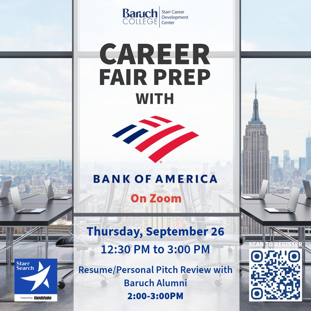 Don't miss out on our upcoming virtual #CareerFair Prep workshop with Bank of America! This is the chance to get exclusive #resumetips from Baruch alumni! Register on Handshake here: bit.ly/4e9WFIw

#baruchstarr #baruchworks #jobfair #careerprep #careerplanning