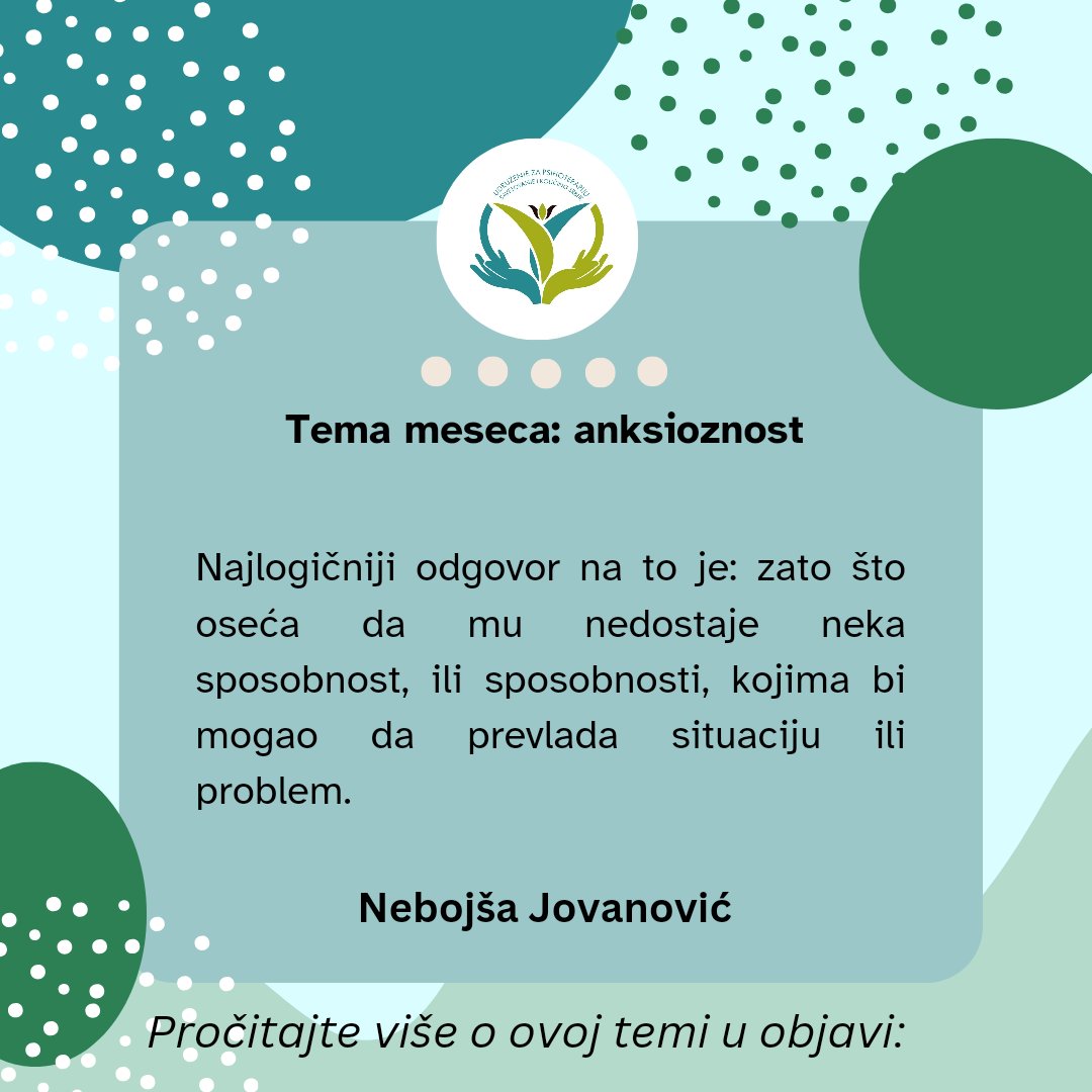 UPSKS's tweet photo. Naše temе ovog meseca su "Predstavljanje psihoterapijskih pravaca" i "Anksionost".
Delimo tekst na blogu iz ugla O.L.I. psihodinamskog integrativnog metoda, Nebojše Jovanovića:
https://t.co/LpXFe98URd https://t.co/pXlSf6MDWv