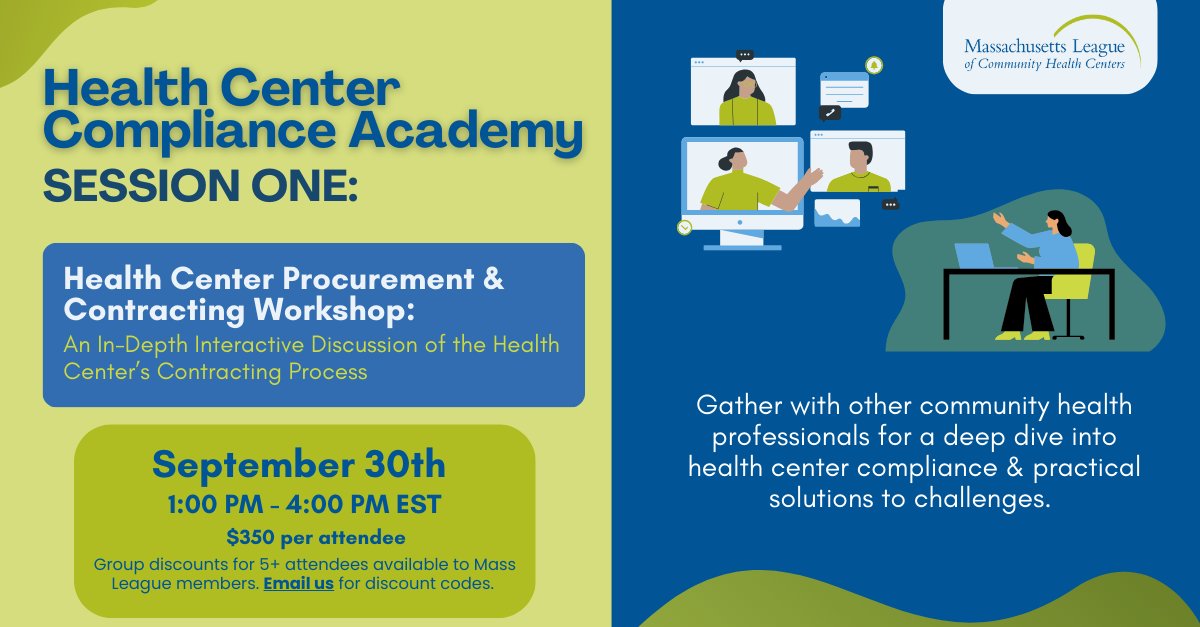 Attention, community health centers and PCAs! There’s still time to sign up for our Health Center Compliance Academy’s September 30 workshop that will cover every step of the procurement and contracting process! 
massleague.org/Programs/Healt…