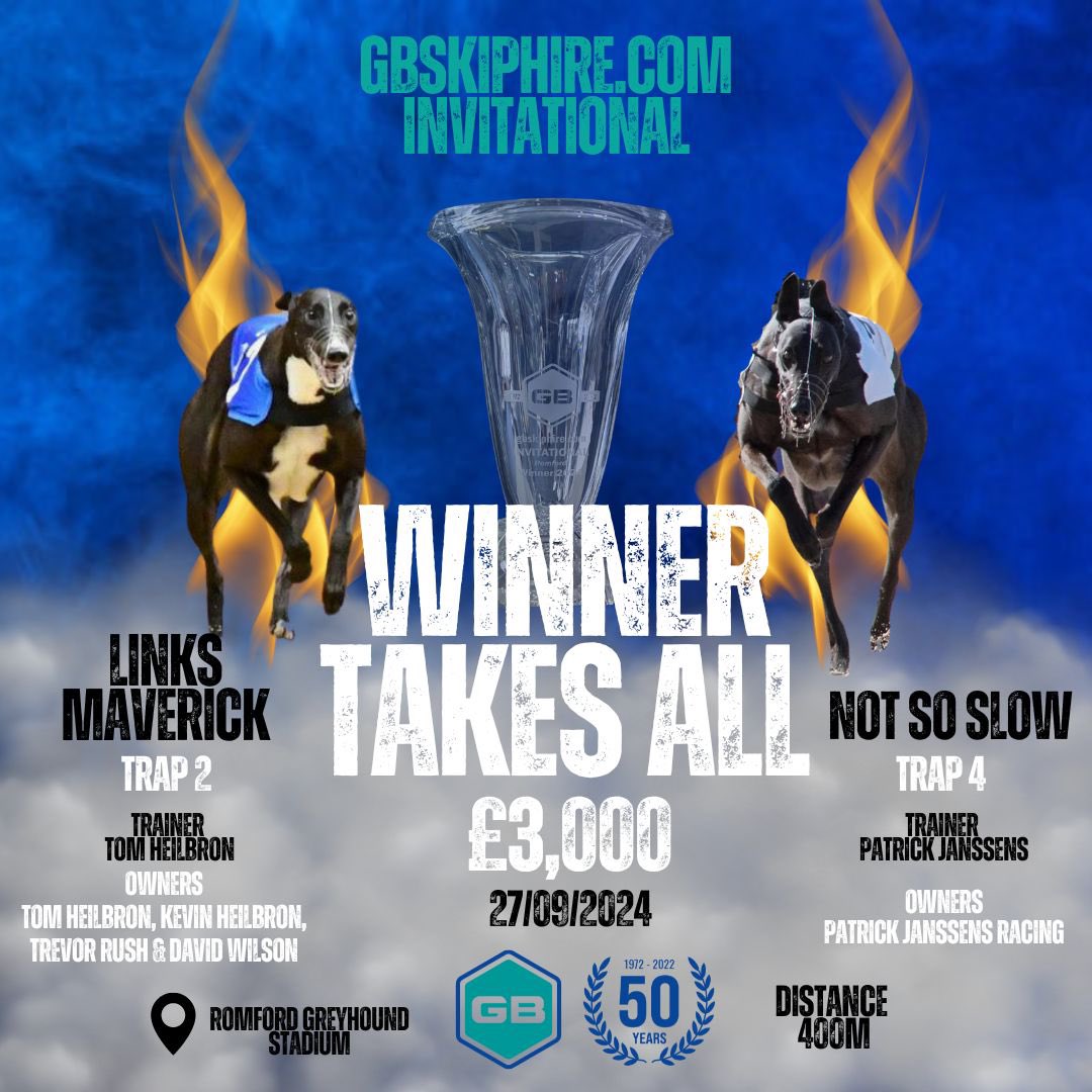 GbSkips's tweet image. Who will be victorious in our first invitational? Who else is excited for a match race over 400m between these 2 ✈️?! Bring it on 🤝💷🏆@RomfordDogs @RPGreyhounds @LinkKennels @Patrick25719056 #winnertakesall #thedogs