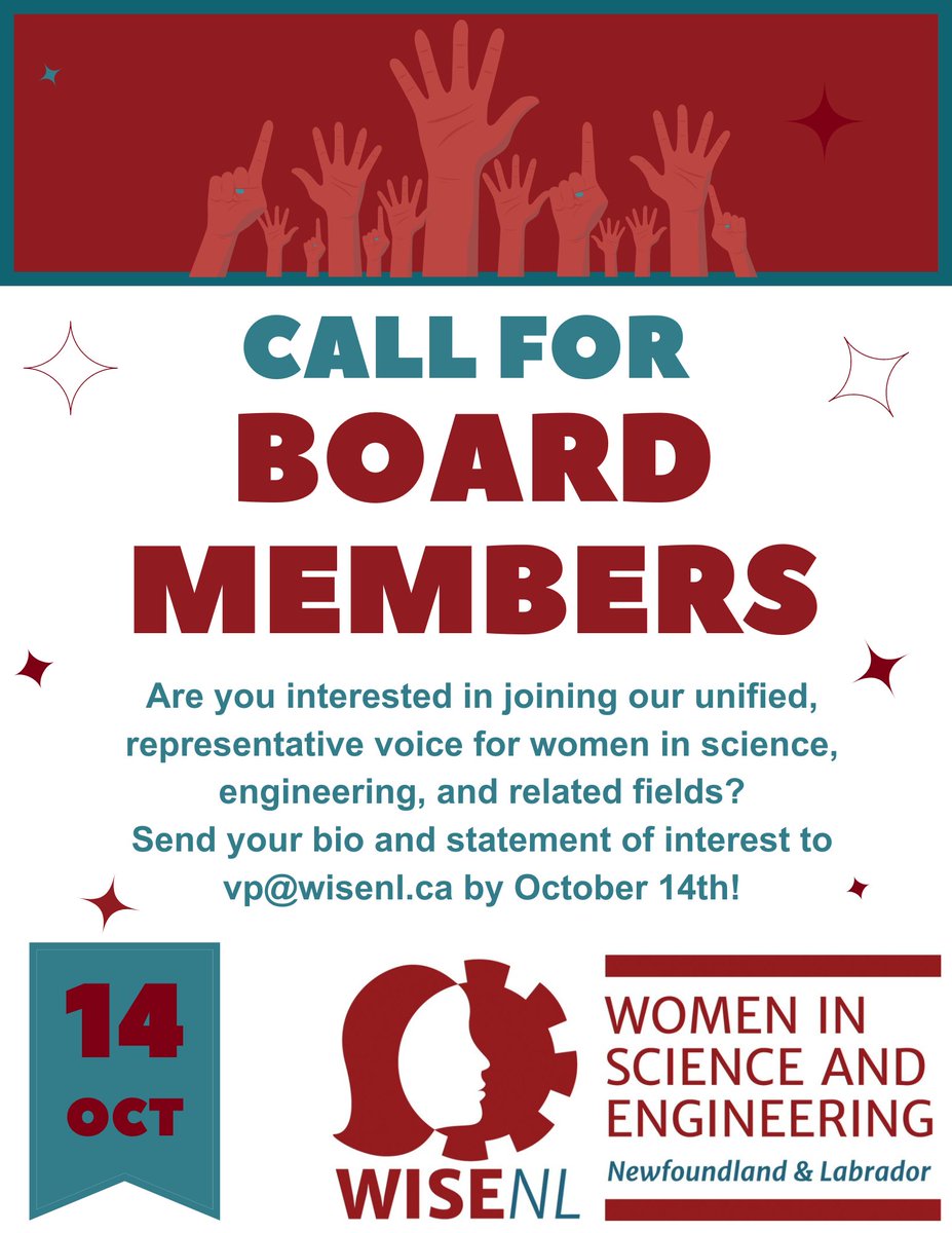 WISE NL is seeking expressions of interest from individuals who would like to join our volunteer board! Please send a brief bio to vp@wisenl.ca by October 14th if you would like to be considered!

To learn more about WISE NL's mission and goals, visit wisenl.ca/about-us/overv….
