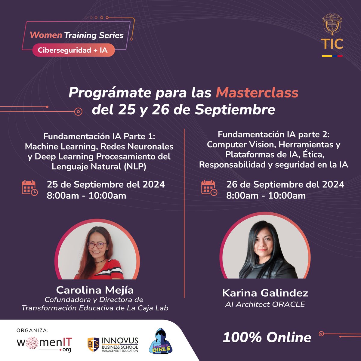 womenitx's tweet photo. #inteligenciaartificial 🚀 MASTER CLASS sep 25 y 26 con dos súper expertas ! #WomenTrainingSeries Conéctate desde las 8 am aquÍ: sep 25 https://t.co/lNfMTXrIBH sep 26 https://t.co/VTV5n5xMoR #digitallover https://t.co/a3ZeaViTfp