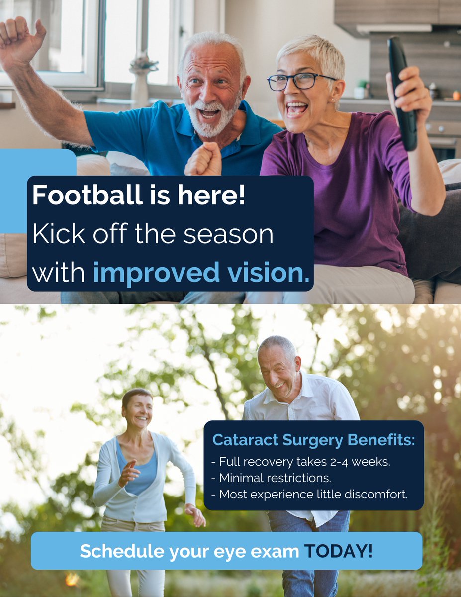 TheyeSite's tweet image. 🏈👀 Football season is here! Experience every game with crystal-clear vision. 🌟

👓 Benefits of Cataract Surgery:
- Quick recovery in 2-4 weeks
- Minimal restrictions
- Little discomfort

Don't miss out—schedule your eye exam today! 📅✨

#ImprovedVision #CataractSurgery #G ...
