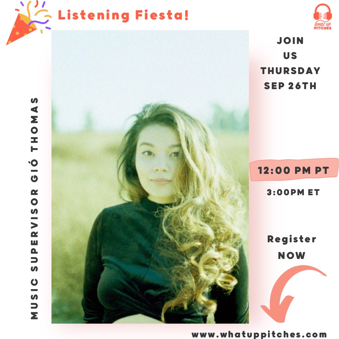 Listening Fiesta 🎉 with music supervisor Gió Thomas whatuppitches.com 🥳. Submit your music now!

Date of Fiesta: Thursday, Sep 26
Time: 12:00pm PT / 3:00pm ET
Cost: Free

#whatuppitches #listeningfiesta #musicsupervisor #musiclicensing #musicsupervision